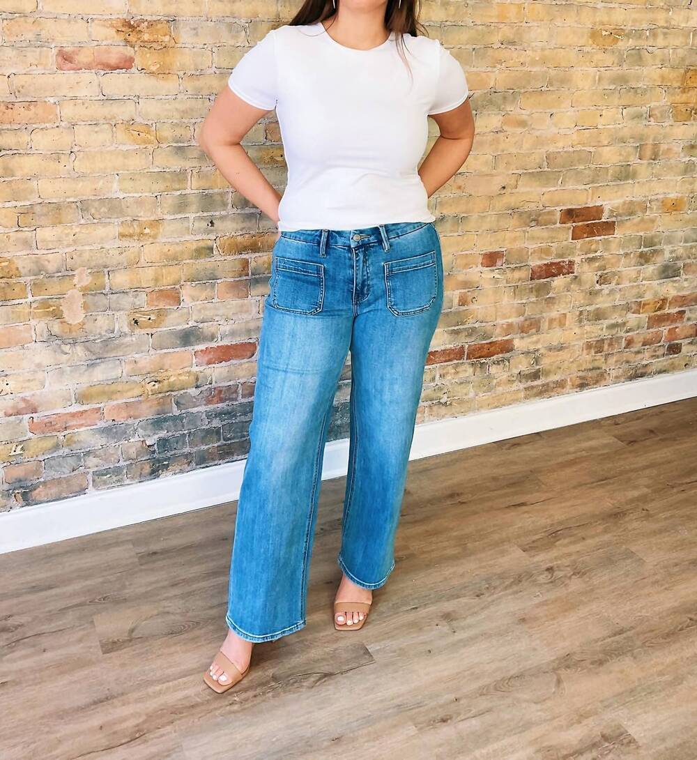 NEW VERVET BY FLYING MONKEY nova wide leg jeans in washed blue